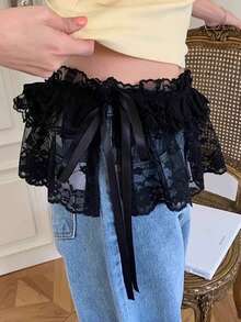 1 件高腰蕾丝吊带短裤裙，蕾丝下摆松紧腰端庄裙 - 彩色 - 查看 4