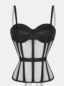 1pc Sheer Mesh Wrap Bustier Top, Sexy Strapless Satin Lace-Up Bodysuit Crop Top, Suitable For Women's Outings/Halloween Party - Black - View 3