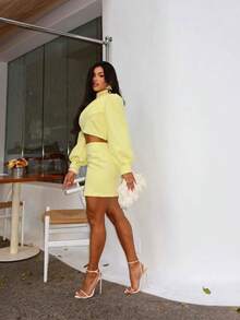 Women's Tailored Set Cropped Long Puff Sleeve And Short Skirt Elegant Party Fashion Autumn Winter S(38) M(40) G(42) Non-Elastic Fabric - 奶油黃 - 查看 3