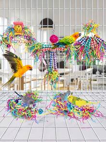 1pc Parrot Chewing Hanging Toy, 5 Assorted Shapes, Handwoven Wood Fiber, Bird Cage Accessory, Random Color