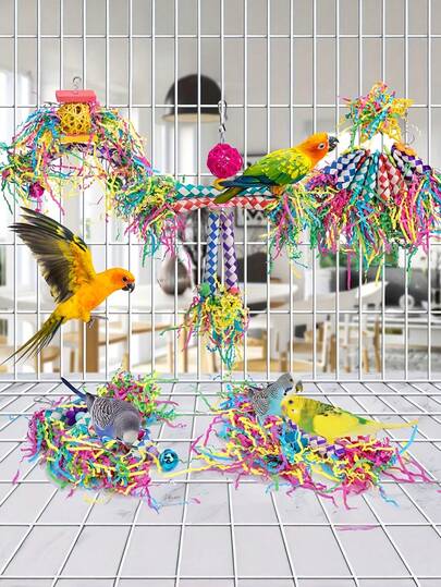 1pc Parrot Chewing Hanging Toy, 5 Assorted Shapes, Handwoven Wood Fiber, Bird Cage Accessory, Random Color