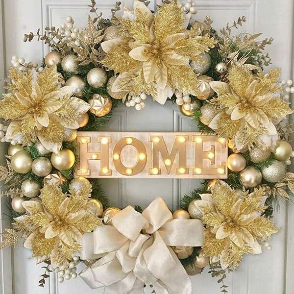 6/12 Pieces Of Sparkling Poinsia Artificial Flower Christmas Decorations, With Clips And Stems, Multi-Layered Christmas Flowers, Colorful Mesh Hollowed-Out With Gold Powder Christmas Tree Wreaths, Vine Decorations, Christmas Artificial Flowers, Suitable For Christmas Tree Decoration Or Wedding Party Wreaths (Gold, Red, Silver, Golden Red)