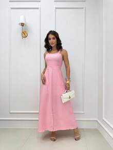 Long Dress Simple Elegant Casual Button Split Side Slit Women Wedding - 淺粉色 - 查看 3