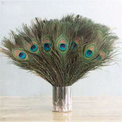 25pcs/50pcs Peacock Feather In Bulk, Faux Peacock Feather Decorated For Vase Craft Vase Wedding Home Party Christmas Day Decoration Peacock Feathers