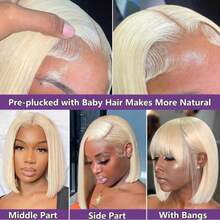 200% 密度 12 英寸 13x4 蕾丝前假发，#613 金色，柔顺直发，高清透明蕾丝，无胶蕾丝前波波头，预剪耳到耳长度，耐热合成纤维混纺假发，预漂白发结，10-14 英寸波波头假发 - S613 - 查看 4