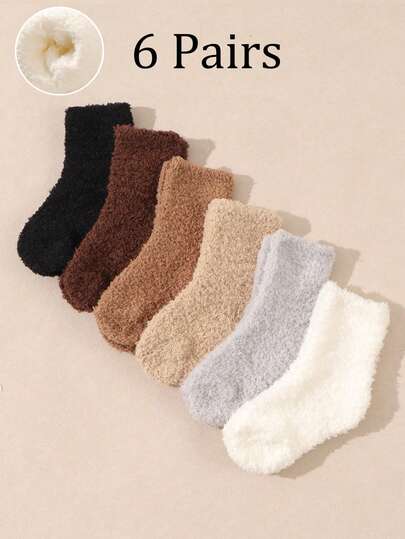 6 Pairs Neutral Color Maillard Fleece Mid-Calf Socks For Babies & Toddlers