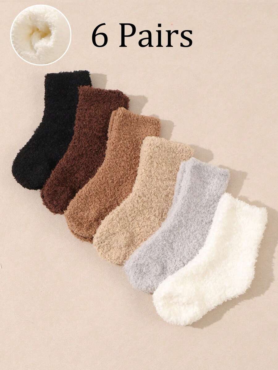6 Pairs Neutral Color Maillard Fleece Mid-Calf Socks For Babies & Toddlers - Multicolor - View 1