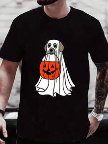 Cute Halloween Dog & Jack-O-Lantern Y2K Retro Graphic T-Shirt - Spooky Ghostly Puppy In Jack-O-Lantern Design, Unisex Adult Casual Short Sleeve Round Neck Tee, Machine Washable Black Shirt For Halloween Parties & Casual Attire,Nightmare Before Christmas,Christmas,Halloween Costumes,Funny T Shirts,Summer Outfits,Thanksgiving Day,Men Graphic Tees,Streetwear Men - 黑色 - 查看 1