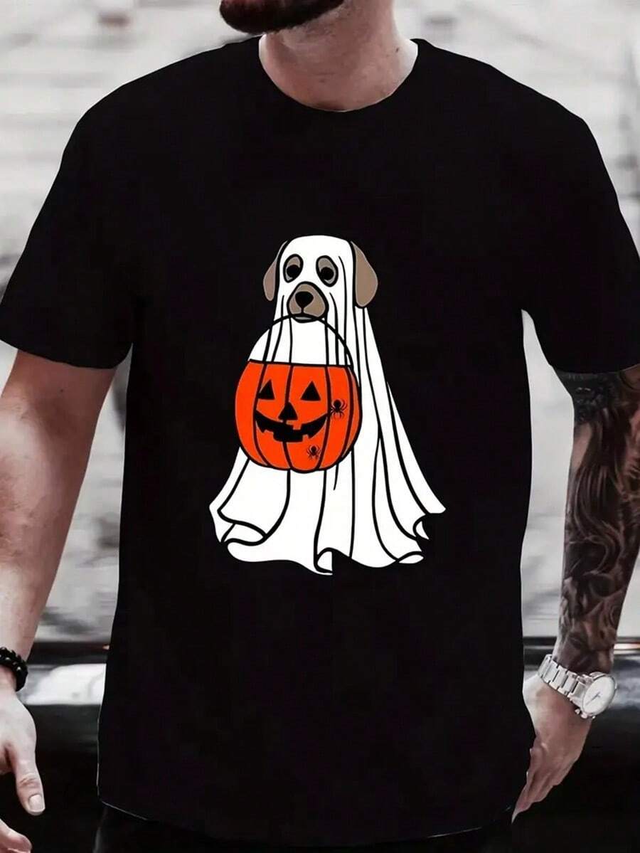 Cute Halloween Dog & Jack-O-Lantern Y2K Retro Graphic T-Shirt - Spooky Ghostly Puppy In Jack-O-Lantern Design, Unisex Adult Casual Short Sleeve Round Neck Tee, Machine Washable Black Shirt For Halloween Parties & Casual Attire,Nightmare Before Christmas,Christmas,Halloween Costumes,Funny T Shirts,Summer Outfits,Thanksgiving Day,Men Graphic Tees,Streetwear Men - 黑色 - 查看 1
