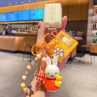 米菲串珠时尚魅力钥匙扣 - 背包吊坠、小配饰、创意可爱钥匙圈，送给闺蜜、情侣和家人的完美礼物；与米菲一起享受幸福（橙色）