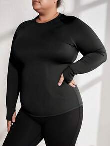 加大码女式柔软拇指孔圆领黑色长袖T恤，休闲户外骑行跑步紧身套头衫，秋冬春季 - 黑色 - 查看 5