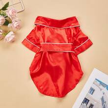 1pc Satin Solid Color Handmade Trim Waistband Comfortable Pet Pajamas For Cats And Dogs, All-Season Wearable Home Loungewear Sleepwear, Christmas Decoration - Red - View 4