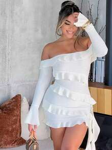 露肩优雅浪漫约会之夜连衣裙，性感迷人紧身派对连衣裙，情人节女士套装，飘逸长裙，时尚亮片上衣 - 白色 - 查看 5