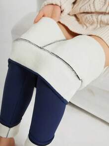 One Piece    Halloween    Fantasy-Simple    Warming    Fabric    Winter    Fleece-Lined Pocket Leggings - 藏蓝色 - 查看 5