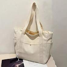 1 Piece, Large Capacity, Durable, Spacious, Commuting, Zipper Closure, Canvas Material, College Style, Beige/Black Two-Color, Square, Zipper Closure, Adjustable Shoulder Strap, Commuter Storage, Anti-Theft And Durable, Workplace Commuter Shoulder Bag