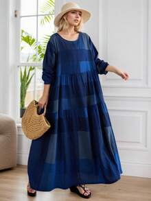 AZAH Women's Plus Size Blue Floral Print Long Sleeve Round Neck Pleated Maxi Dress A Line Woven Fabric Modest Summer Dress With Pockets