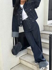 Seelio 春秋新款女士休闲卷袖牛仔夹克，百搭日常穿搭，返校时尚 - 藍色 - 查看 2