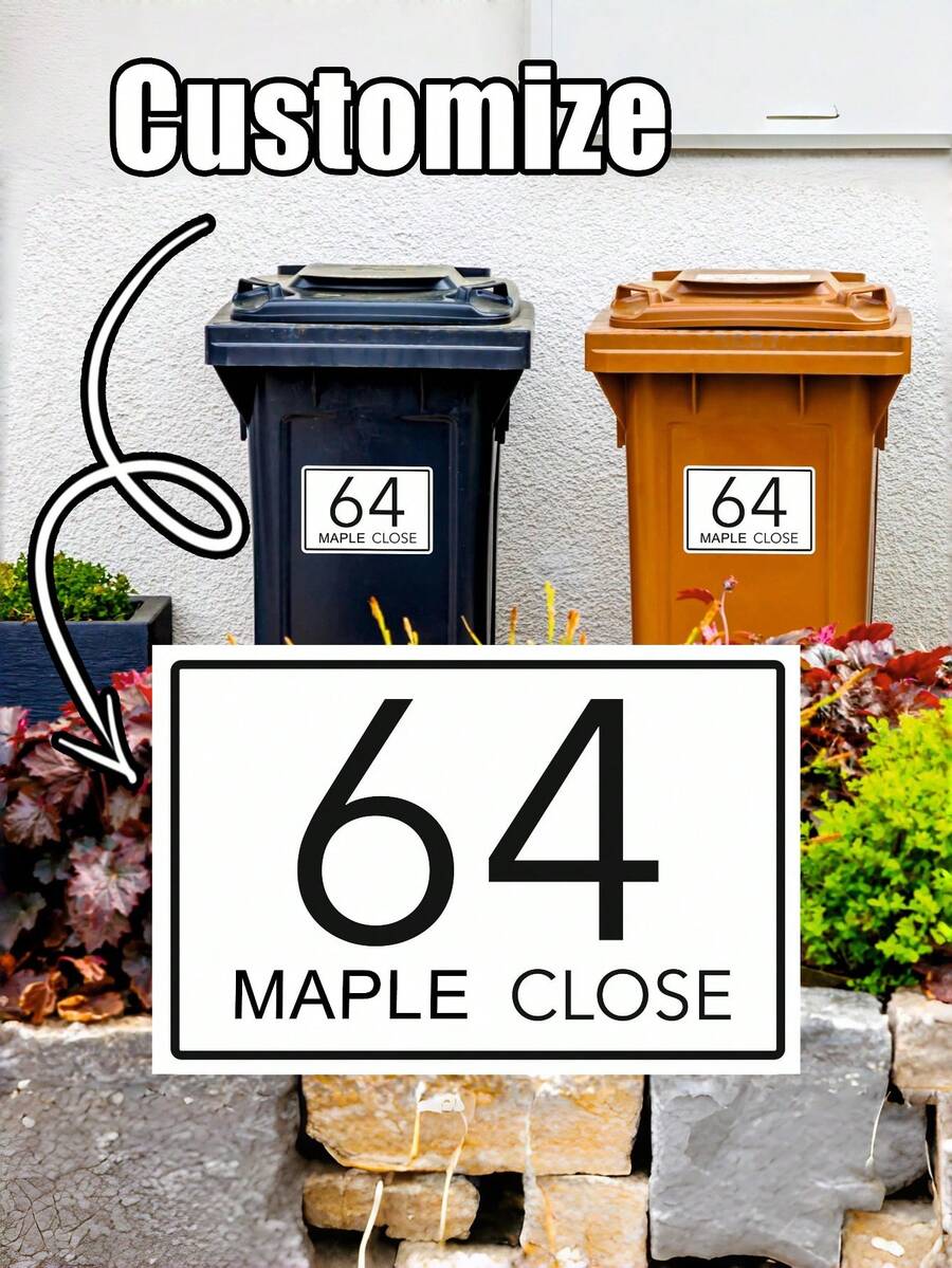 Adesivo personalizzato per pattumiera da 10x15cm - Decora la tua pattumiera con numero civico e nome strada, design orizzontale per facile identificazione, impermeabile e durevole, regalo di inaugurazione casa, coppia, genitore, famiglia, amico, organizzatore da viaggio - Multicolore - Visualizzare 1