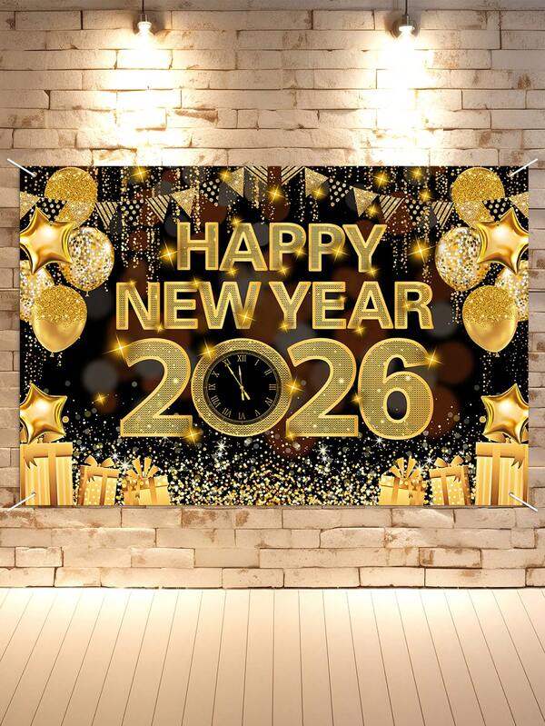 1pc Happy New Year Theme Backdrop Banner, Black Gold Clocks Fireworks Balloon Gifts Style Polyester Hanging Flags, For 2026 New Year Party Celebration Background Cloth Home Room Decor, Happy New Year Party Wall Background Decoration, New Year Gifts, Garden Courtyard Decoration Garden Flags, Hanging Decor, Party Photo Booth Props, 2026 New Year Decoration, Party Favor