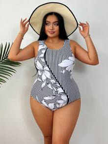 1pc Plus Size Monochrome Positioned Print One-Piece Swimsuit