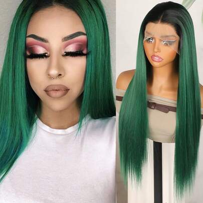 13x4 Ombre Green Color Lace Front Wig Long Silky Straight Hair Dark Roots Grey Wig Pre Plucked Baby Hair Natural Hairline Light Blue Glueless Replacement Wigs Heat Resistant Fiber Synthetic Lace Front Wigs For Fashion Women Girls Halloween Party Daily Wear 26 Inch 180% Density