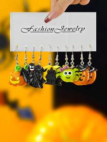 10/30/60pcs Halloween Cute & Funny Pumpkin Bat Zombie Ghost Black Cat Spider Witch Hat Resin Pendant Earrings Halloween Gift Set - Multicolor - View 8