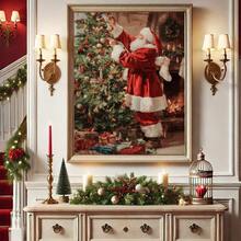 1 pièce, canevas murale, Décoration murale de Noël encadrée, Décoration vintage du Père Noël, Peinture d'arbre de Noël, Père Noël portant des cadeaux, Art de Noël, Affiche de Noël d'hiver, Peinture à l'huile de Noël vintage, Art des fêtes, Peinture à l'huile de style campagnard, Ornements de Noël