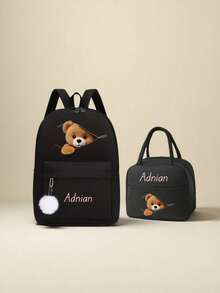 This 2-Piece Set Is A Customizable Back-To-School Gift Set, Including A Backpack (With White Fluffy Pom-Pom Decor) And A Tote Bag, As Well As An Insulated Lunch Box Bag And A Portable Aluminum Foil Cooler Bag, Printed With A Cute Cartoon Zipper Bear Pattern. - Black - View 5