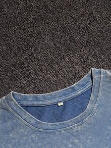 LQTY 棉质，夏季女装纯色街头时尚，韩版舒适复古基础时尚通勤百搭 Y2k 服装女装，适合户外休闲，常规小众朋克风格牛仔蓝+紫色修身圆领短袖水洗 T 恤短裤两件套 - 彩色 - 查看 3