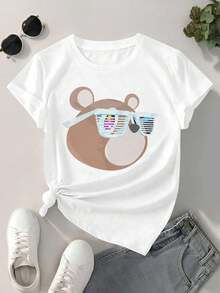 Camiseta con estampado de oso genial ,Camiseta informal de algodón de verano para mujer, manga corta, cuello redondo, 220 g/m2 (1 pieza) - Blanco - Ver 2