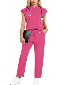 cimmuovere Plus Size Collared Sleeveless Loose Top And Practical Multi-Pocket Pants Uniform Set - Hot Pink - View 1