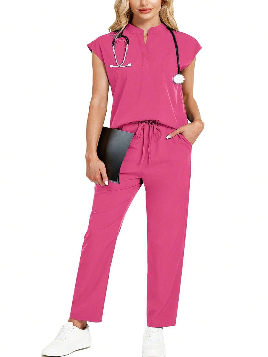 cimmuovere Plus Size Collared Sleeveless Loose Top And Practical Multi-Pocket Pants Uniform Set - Hot Pink - View 1