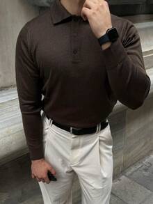 Men's Knit Polo – Button Placket, Relaxed Fit, Smart-Casual – Made In Turkey - Brown - View 10