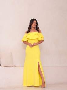Long Off-The-Shoulder Mermaid Dress With Slit For Wedding, Bridesmaid, Graduation And General Event - Yellow - View 1
