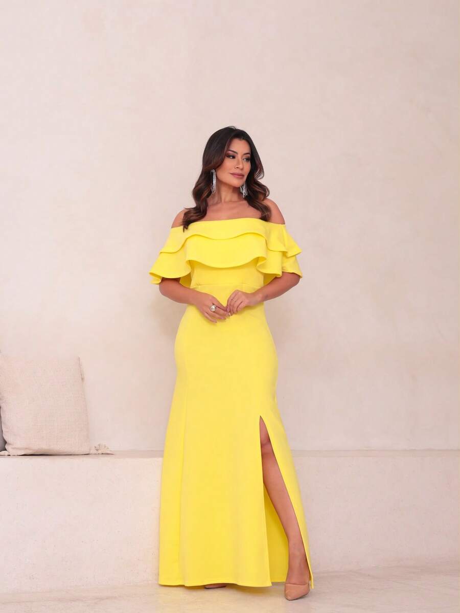 Long Off-The-Shoulder Mermaid Dress With Slit For Wedding, Bridesmaid, Graduation And General Event - Yellow - View 1