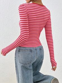 Buzzelle Striped Knit Long Sleeve Crew Neck Button-Up Sweater, Casual Everyday Wear, Commute, Travel, Business, Holiday, Autumn/Winter New - Pink - View 6