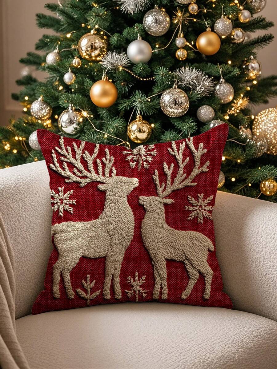 1pc Christmas Reindeer Print Pillow Cover, Christmas Decorative Throw Pillow Case, 17.7*17.7 Inches (45*45cm), Faux Linen Material, Digital Printing Single-Sided, Suitable For Sofa, Living Room, Bedroom, Car, Office, Hotel, Decoration, Perfect Gift For Family And Friends, All Seasons