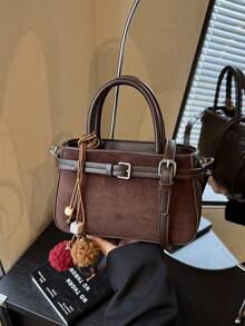 复古 Maillard 女士手提包，秋季新款小方包，绒面革单肩斜挎包 - 咖啡 - 查看 11