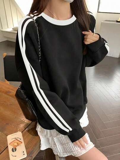 Women's Simple Cotton Black & White Striped Loose Comfortable Casual Vacation Everyday Fashion Student Teenager Versatile Long Sleeve Sweatshirt