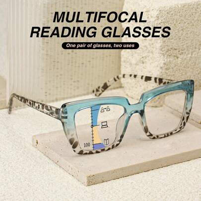 1pc Oversized Progressive Multifocal Cat Eye Reading Glasses With Comfortable Spring Hinges, Leopard Print Design, Fashion Eyewear