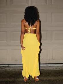 Vestido sin mangas con tirantes finos y espalda descubierta con volante en el bajo, vestidos en tonos pastel para mujer, vestido de verano - Amarillo - Ver 4