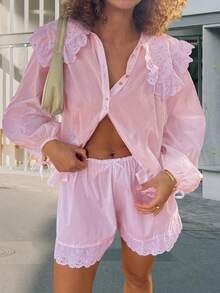 Womens Casual 2 Piece Outfits Long Sleeve Doll Collar Blouse Tops + Shorts Set Loungewear - 粉色 - 查看 5