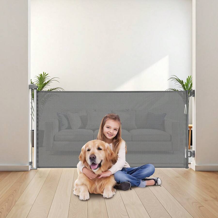 Retractable Baby Gate, Extends To 56.3 Inch Wide, 31.3 Inch Tall, With Security Lock, Easy To Use, Walk Through Without Tripping, Mesh Dog Gate For Stairs, Hallways, Indoor/Outdoor, Gray - Gray 55 inches 33 inches - 查看 1
