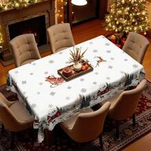 Toalha de mesa de Natal de 1 peça - Estilo europeu vintage, com Papai Noel aconchegante em trenó, casas, pinheiros, renas, decoração de flocos de neve - Tecido de poliéster durável - Serve para mesas retangulares, redondas e de jantar - Festa, casa, restaurante, decoração de inverno - Decoração de Natal fácil de limpar - Multicolorido - Ver 6