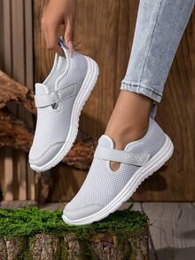 Women's Slip-On Mesh Shoes, Flat Heel, Casual Comfort Sneakers, Gray, Hook And Loop Closure, Soft Sole, Lightweight, Daily Wear, Autumn - Grey - View 5