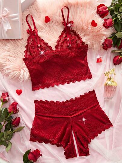 Seductive Bloemen Kanten Verleidelijke Lingerie Doorschijnende BH Bow Open Crotch Panties Underwear Set view 2