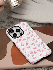 Pink Butterflies And Small Floral Patterns Two-In-One Matte Texture Phone Case Suitable For Compatible With Iphone16, 15, 14, 13, 12, 11, PRO - White - View 2