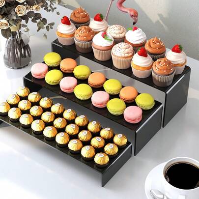 Suporte de acrílico preto com 3 peças, para suporte de cupcake, estatueta, joias, organizador de mesa para itens colecionáveis