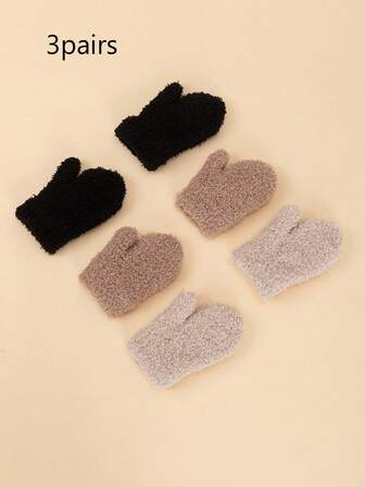 3 Pairs Toddler Boys Half Fleece Cute Simple Mittens Gloves, Half Fleece Khaki, Plush, Thick Warm Baby Mittens, Anti-Scratch Glove Covers
