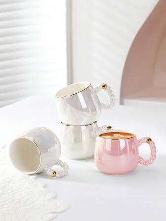 2/1pc 270ml Elegant Ceramic Coffee Mug, Faux Pearl White Cup With Gold Rim, Minimalist Handle Design, Popular On , Office & Home Milk Cup, Living Room Tea Cup, High-End Mug, Couple Gift, Microwave